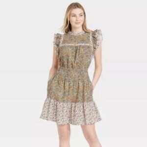 Universal Thread Linen Blend Sleeveless Ruffle Mixed Print Floral Dress-Size M